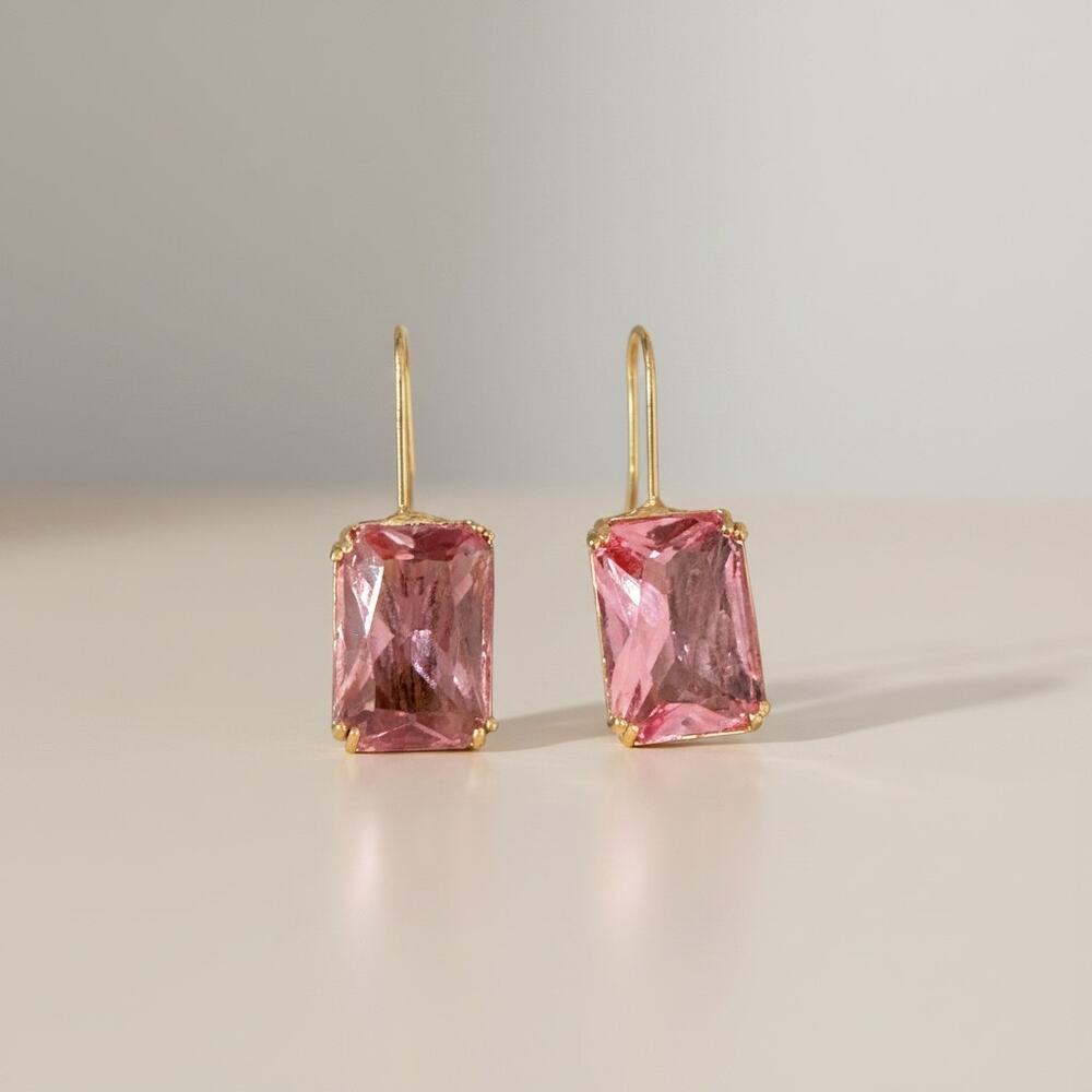 Anthropologie small pink emerald cut gold vintage inspired drop earrings